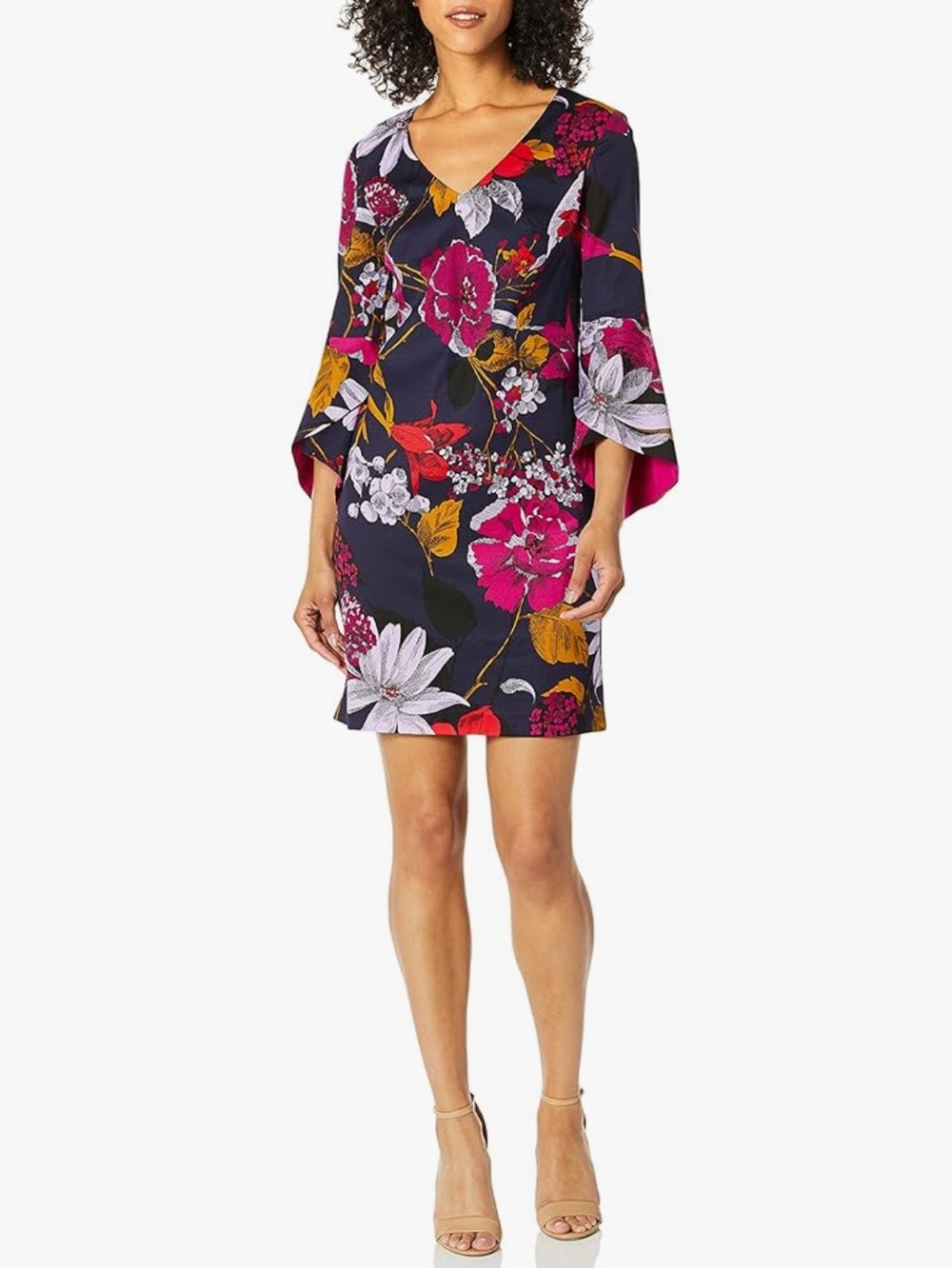 Trina Turk Cheers Floral Bell Sleeve Shift Dress V-Neck Size 12